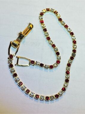Vintage Red Ruby Clear Rhinestone Gold Tone Thin Tennis Bracelet